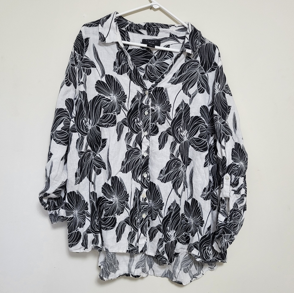Tahari 100% linen button up shirt 3X Floral Hawaii Lagenlook Vacation Roll Tab